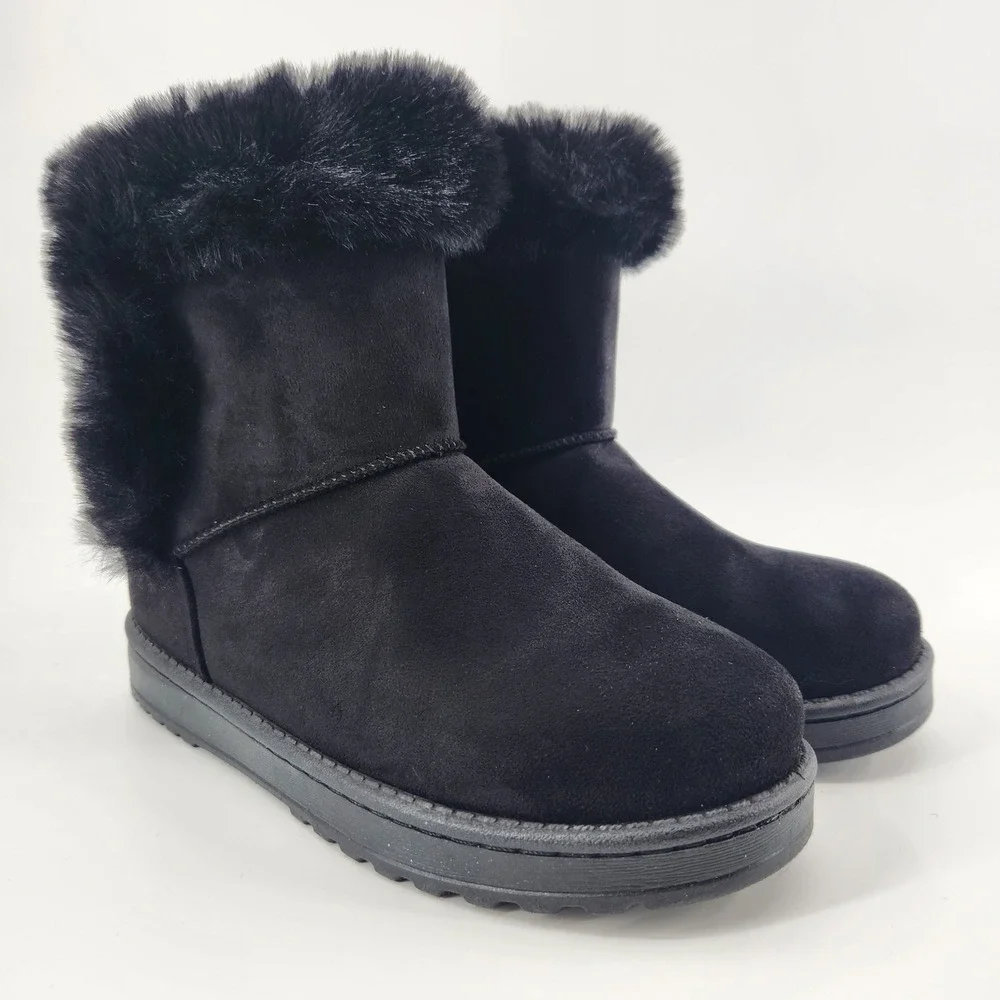 Paulina Womens Black Faux Suede Fur Trim Winter‎ Boots Mid Calf Slip On